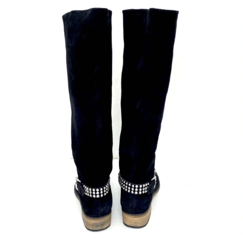 KELSI Dagger Studded Cup toe Rover Suede Knee High Riding Moto Boot in Black